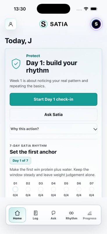 Satia Home showing a Day 1 rhythm and a clear starting action.