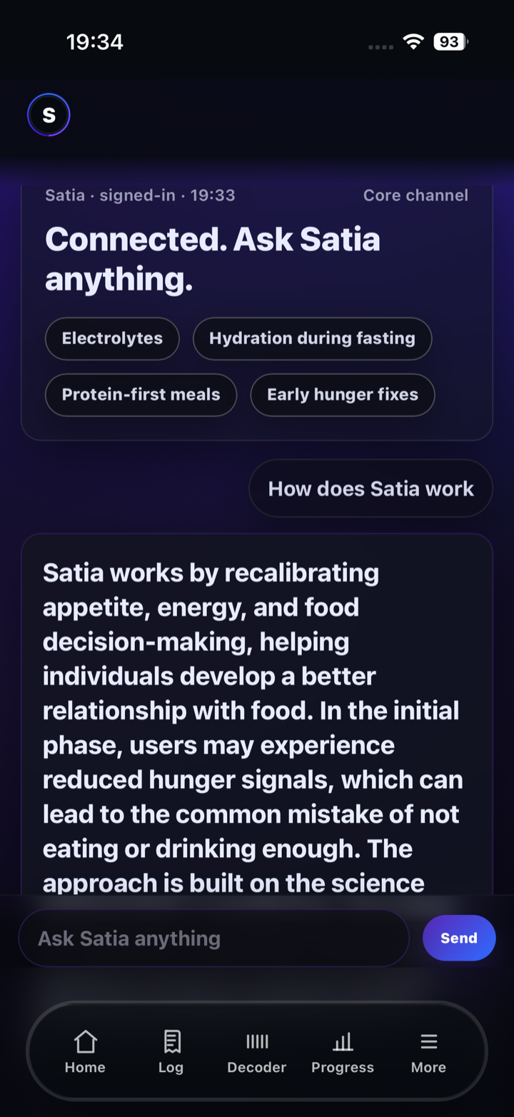Satia app screen showing key daily actions.
